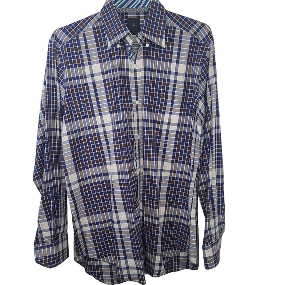 Tailorbyrd Collection Dress Shirt Large Blue Brown Plaid Mens Career Long Sleeve - Picture 3 of 15
